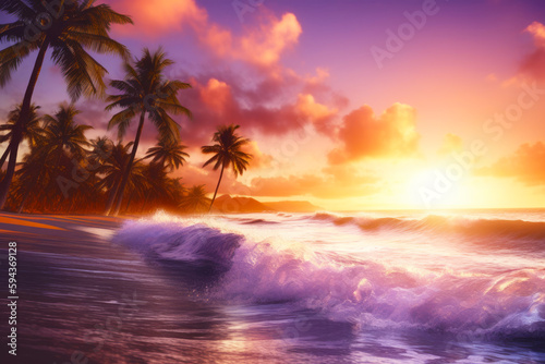 Image of sunset over beach with palm trees and wave. Generative AI. © valentyn640
