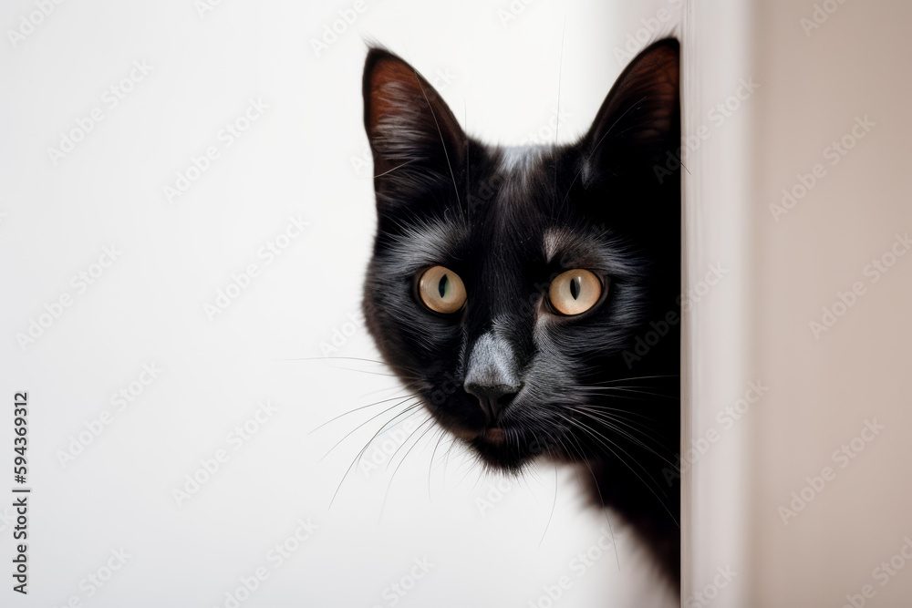 Close up of black cat peeking out from behind white wall. Generative AI.