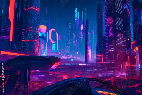 Futuristic city with neon lights and futuristic car in the foreground. Generative AI.