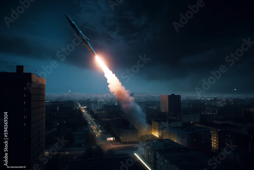 Rocket launching into the night sky with city skyline in the background. Generative AI.