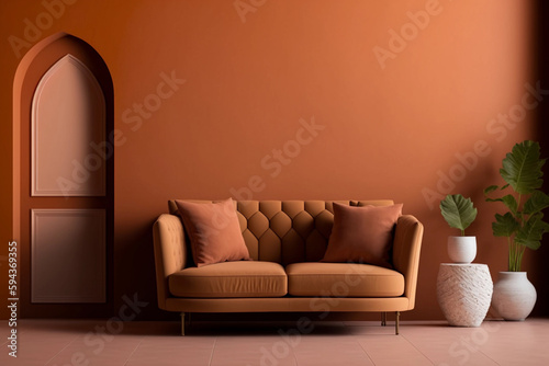 Modern cozy living room with monochrome terracotta wall. Contemporary interior design with trendy earth tones wall color, brown sofa, plant for mockups. Generative AI.