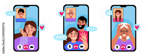 Video communication conference with family on the Internet. People make a video call via mobile phone.  Flat vector illustration.