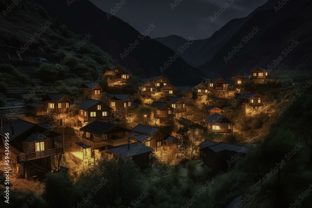Valley Houses at Night. Generative AI