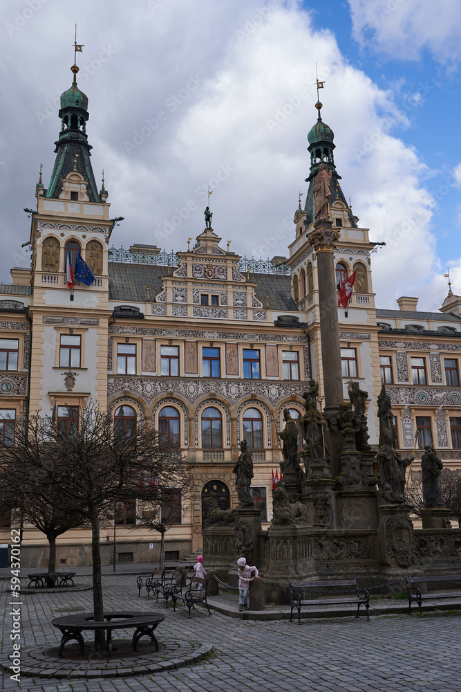 Pardubice, Czech Republic - March 25, 2023 - the Town Hall in the Pernstejn Square one spring afternoon