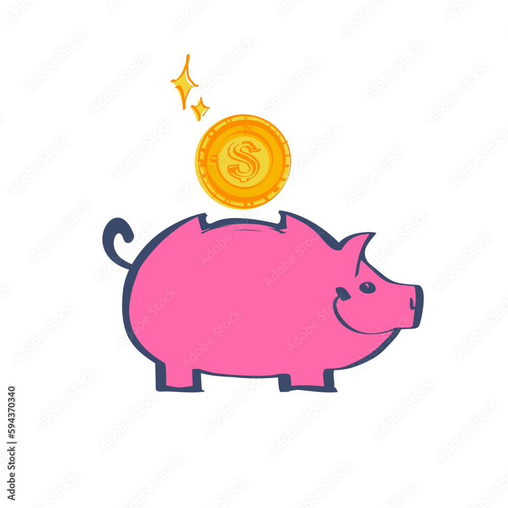 Obraz premium Money in a piggy bank. Money saving concept. Vector illustration sketch design. Isolated on white background. Coin putting in a piggy bank. Cartoon sketch style.