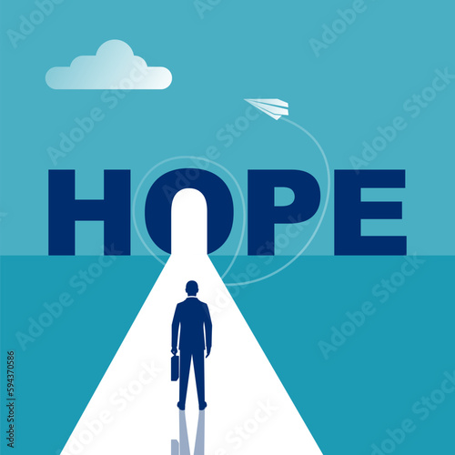 Hope concept. Businessman looks up with hope. The way forward. Light of future. Striving for growth and inspiration. Motivational template for web. New opportunity. Vector illustration flat design.