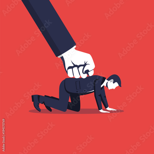 Oppression concept. The big fist of the boss presses on the small employee. Conflict at work. Business pressure. Vector illustration flat design. Isolated in the background.