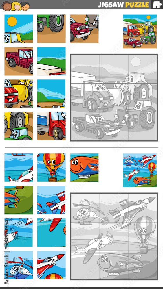 jigsaw puzzle game set with cartoon vehicle characters