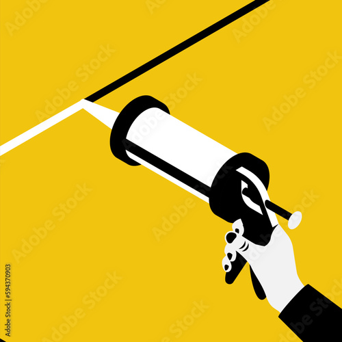 Sealant for sealing holes. The worker holds a caulk gun in hand. Vector illustration isometric design. Isolated on white background.