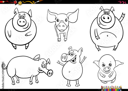 cute cartoon pigs farm animal characters set coloring page