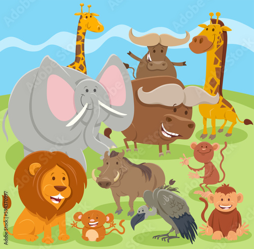 happy cartoon wild animal characters group
