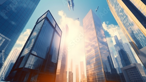 Business city center buildings with flight plane background. Generative Ai