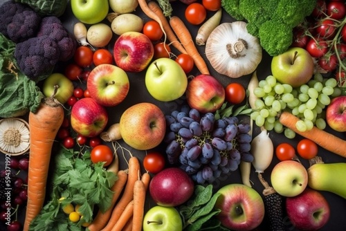 Food background with vegetables  root crops and fruits  celery  carrots  apples  pomegranate  figs  grapes. Harvesting  local farm market shopping  healthy eating concept. Top view. Generative AI