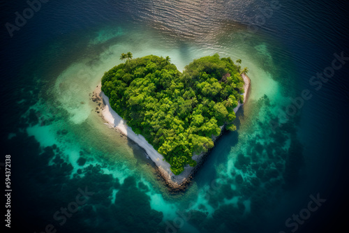 A heart-shaped paradise island in the middle of the ocean. Generative AI © NorLife