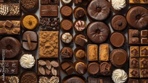 Large assortment of chocolate sweets texture background. Created with Generative AI technology.