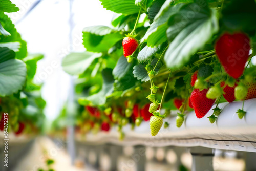 Growing strawberry in greenhouse. Agriculture industry. Created with Generative AI technology.