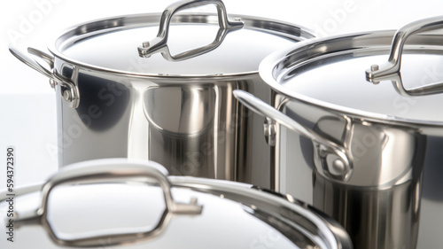 New shiny stainless steel pots on a white background. Created with Generative AI technology.