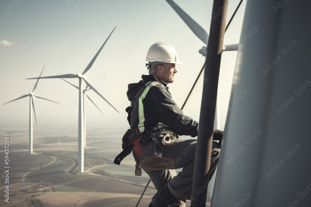 worker installing windmills. Generative AI worker installing windmills. Generative AI