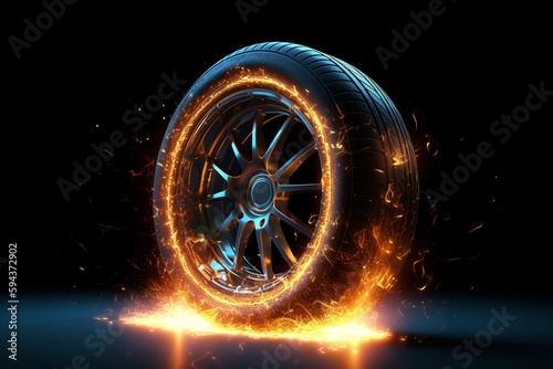 Ultrabright Fire: Transparent Tires in Spirit Form with Veiling Flare, Set Against Ultrabright Blue Background and Realistic Side-View. Super Realistic with Light Gold Background