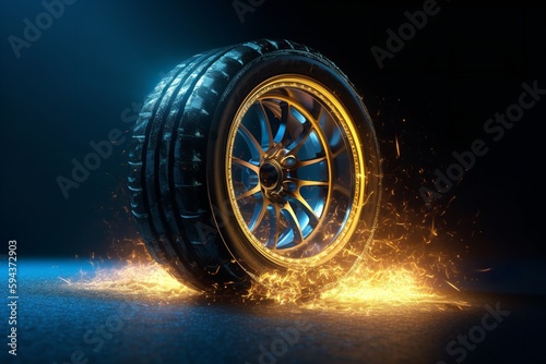 Ultrabright Fire: Transparent Tires in Spirit Form with Veiling Flare, Set Against Ultrabright Blue Background and Realistic Side-View. Super Realistic with Light Gold Background