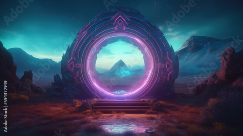 A circle Purple Neon Magic Portal in a futuristic style, by night, cosmos, Edited generative AI