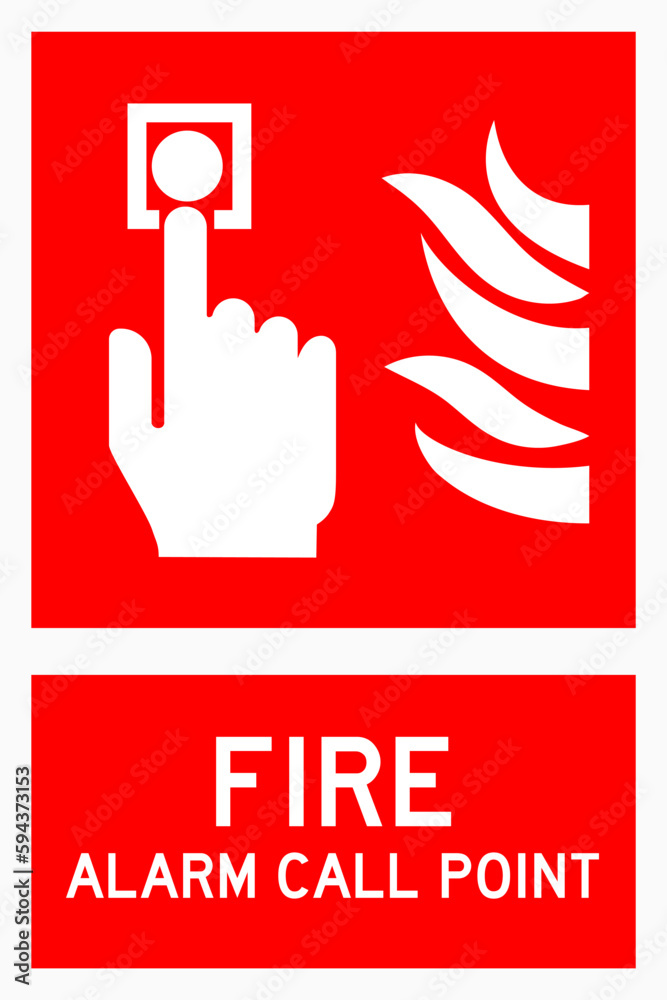 isolated emergency alarm call point, fire safety symbols on red