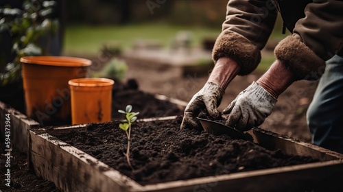 Planting palnts by gardening man in garden. Generative AI 