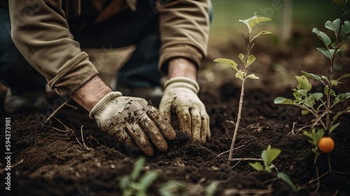 Planting palnts by gardening man in garden. Generative AI
 photo