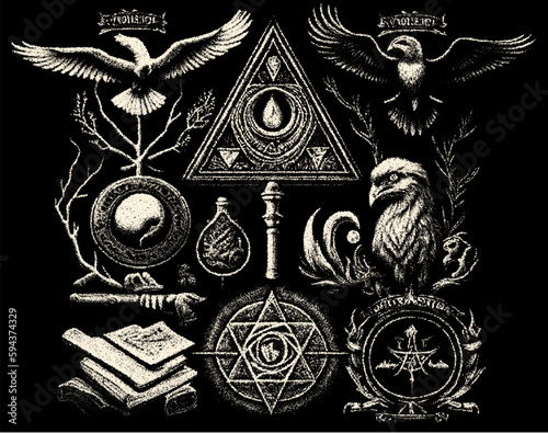Occult symbols composition in dotwork style. Abstract mystic elements, Skull, candles and sacred triangle with eye in retro flat lay composition.