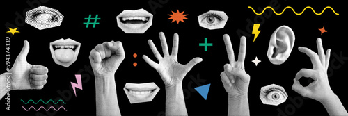 Set of hands, lips, eyes and ears. Isolated background. Collage elements for a message using the hand, eyes and mouth with the tongue. Vintage vector set with dotted pop art