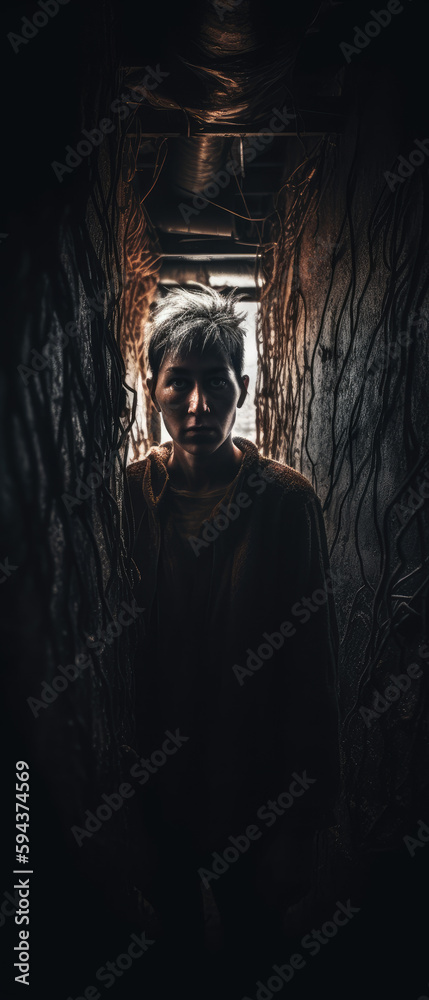 Surreal and haunting portrait of a person facing their inner demons, set against a dark and eerie dreamscape Surreal and haunting portrait of a person facing their inner demons, set against a dark and eerie dreamscape