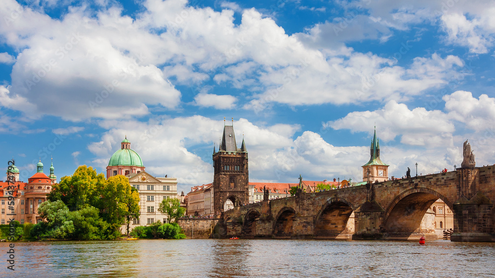 View of the famous Charles Bridge from River Vltava in Prague