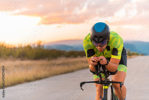  Close up photo of triathlete riding his bicycle during sunset, preparing for a marathon. The warm colors of the sky provide a beautiful backdrop for his determined and focused effort.