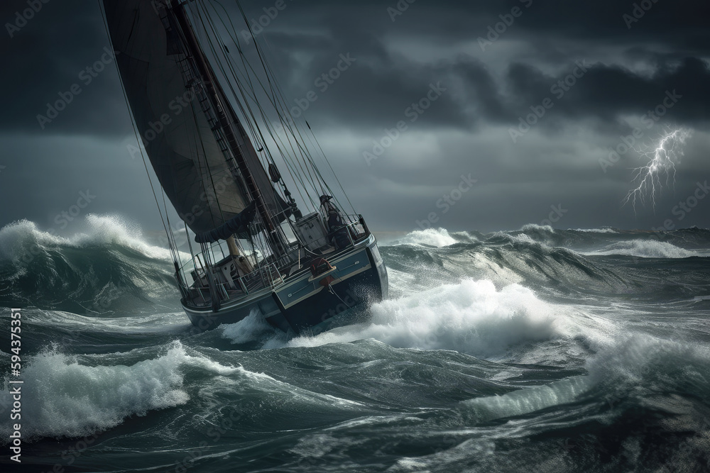 Obraz premium Sailboat in a heavy storm between big waves. Composite with different elements made with generative AI