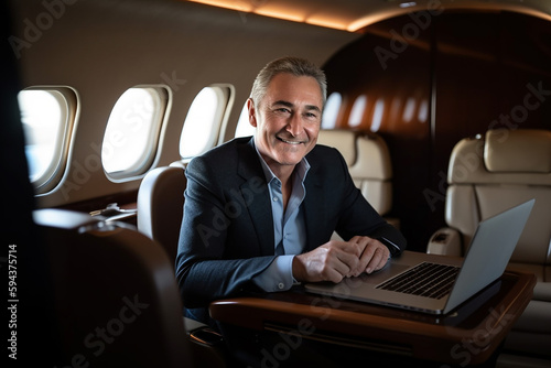 Handsome smiling businessman in suit looking at camera in private plane. Generative AI. © Zelma