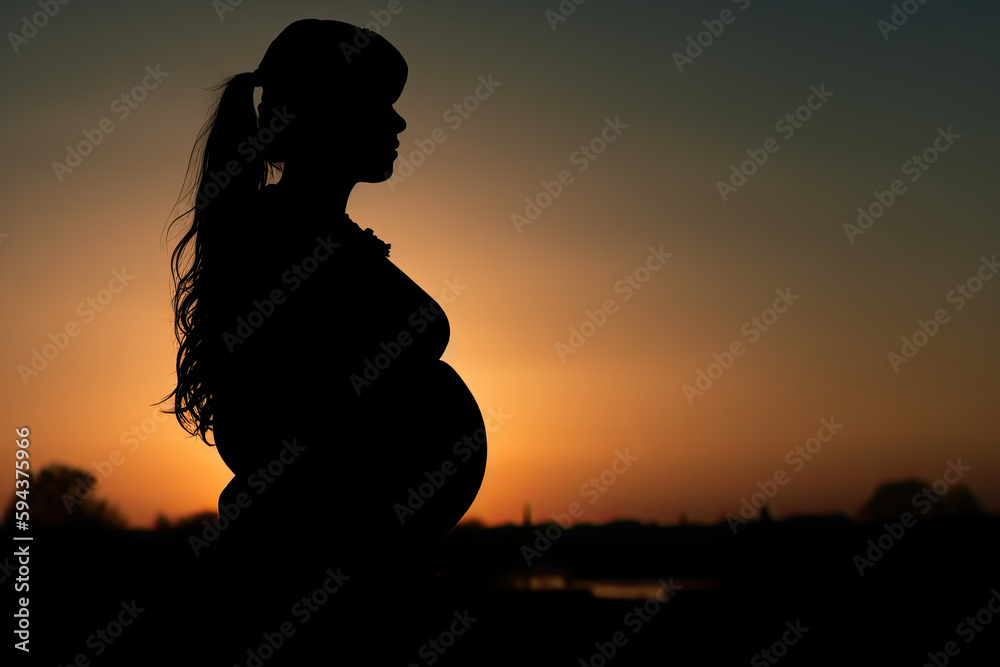 silhouette of a pregnant woman outside with the sunset sun in the background. Ai generative