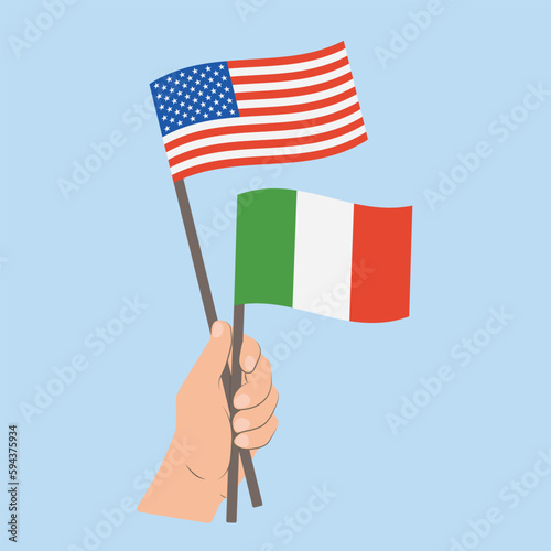 Flags of USA and Italy, Hand Holding flags