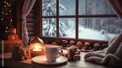 Cozy winter scene with fireplace and hot cocoa and winter related things