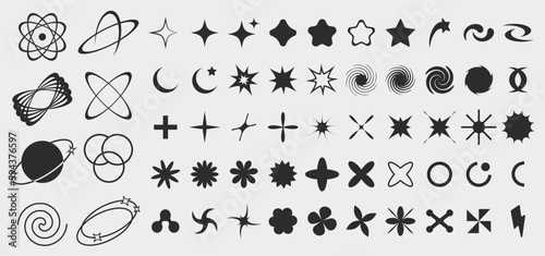 Set of brutalist abstract geometric shapes, bauhaus memphis geometric elements. Trendy minimalist basic figures, stars, lines, flowers, circles in black and white colors.