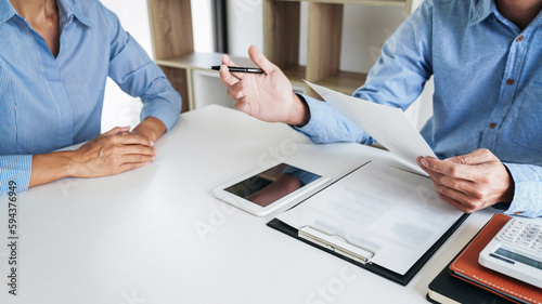 Interviewer or Board reading a resume during job interview, Empl photo