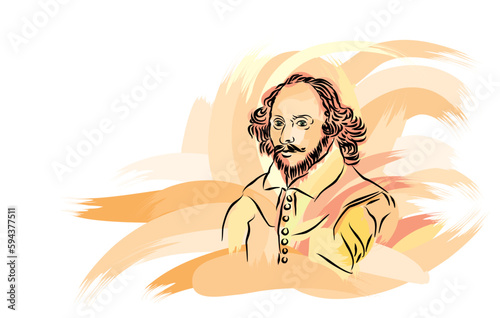 A line artwork of William Shakespeare on colorful artistic brushstrokes