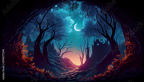 Fantasy landscape magical night fairy tale forest. Dark fantasy world. Ai generated image