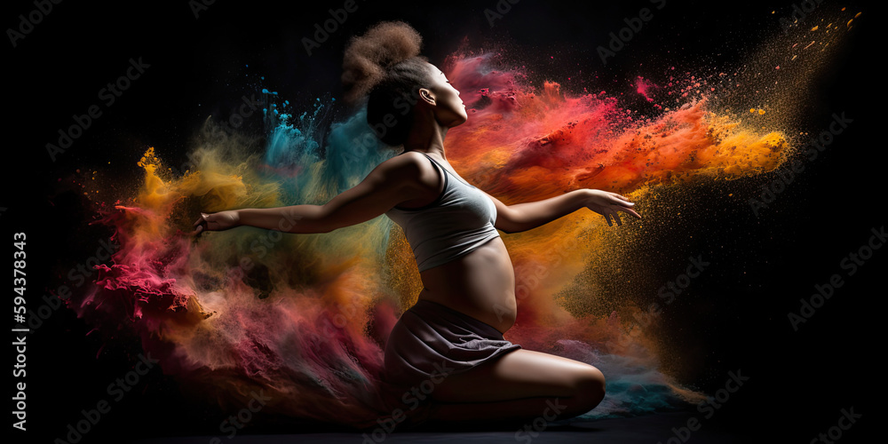 Elegant dramatic pregnant woman dancing  with a flowing dress backlighting - Generative AI 