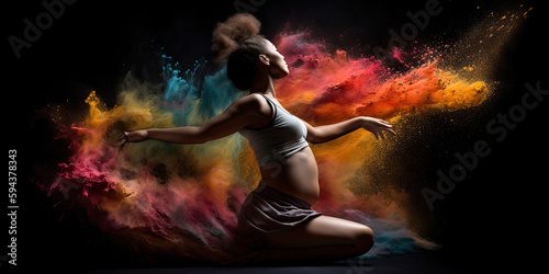 Elegant dramatic pregnant woman dancing with a flowing dress backlighting - Generative AI 