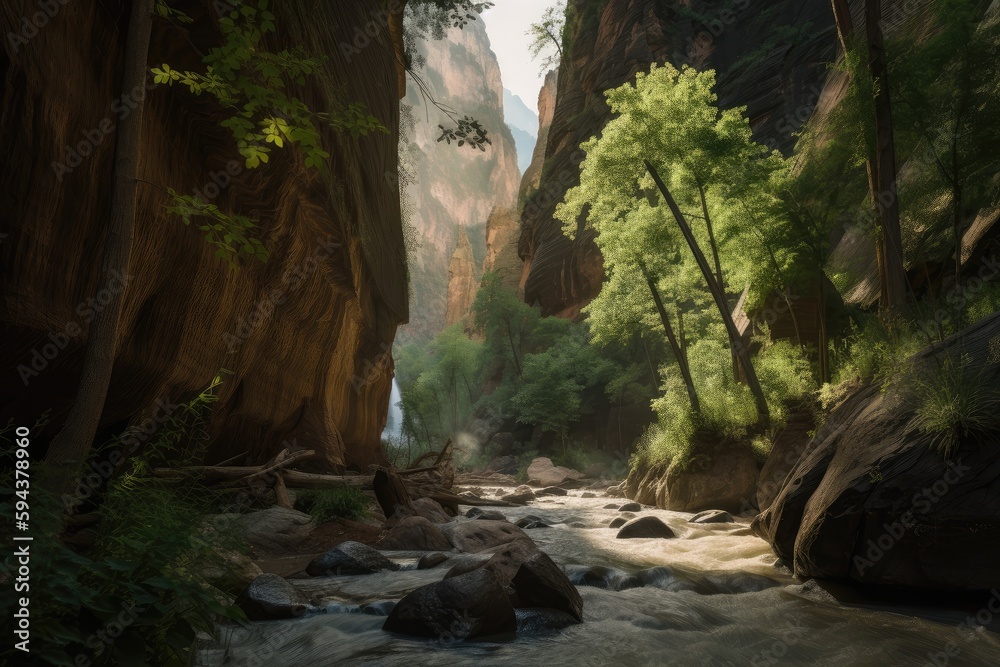 majestic canyon, with towering cliffs and waterfalls, in the midst of a ...