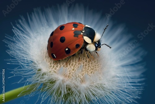 A lady bug sitting on top of a dandelion created with Generative AI technology