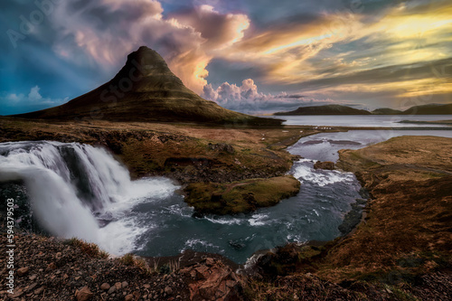 Kirkjufellsfoss is a picturesque waterfall in the west of Iceland. It is located 1.5 kilometers south of the mountain of the same name