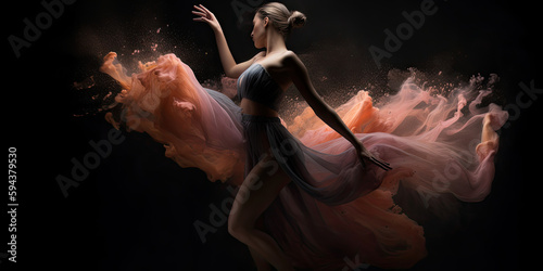 Elegant dramatic woman dancer with a flowing dress backlighting - Generative AI 