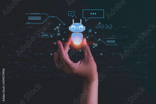 Hand touching digital chatbot to enable access to information in the internet network. Robot Applications and Global Connectivity AI Artificial Intelligence innovation and technology. photo