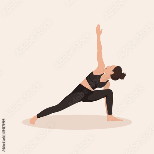 Young woman perfoming yoga exercise Extended Side Angle Pose, and demonstrating yoga asana Utthita Parsvakonasana on light background. Flat vector illustration
